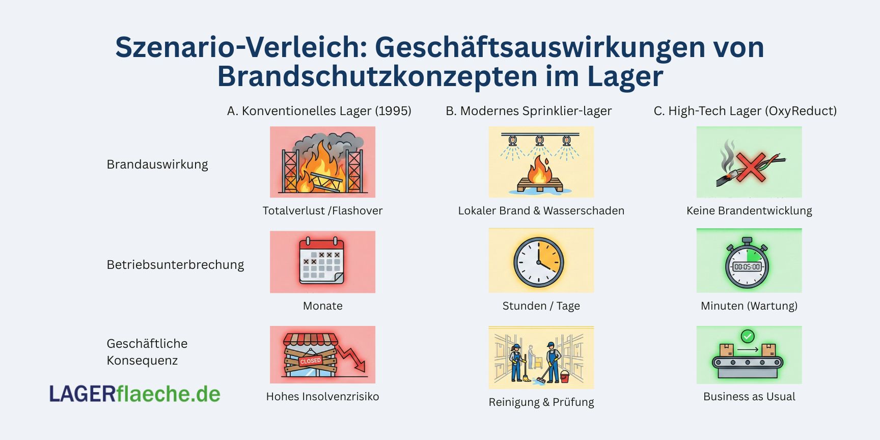Vergleichsmatrix von drei Brandszenarien im Lager: Szenario A zeigt Totalverlust im konventionellen Lager, Szenario B zeigt begrenzten Schaden durch Sprinkler und Szenario C zeigt Schadensfreiheit durch Sauerstoffreduzierung.